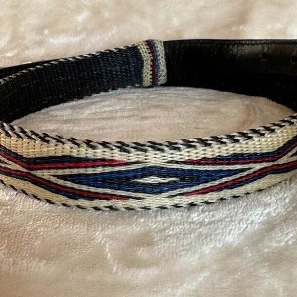 Southwestern Brass Buckle Woven Black Leather Strap Belt Holes 28" - 32" EUC - Picture 2 of 11